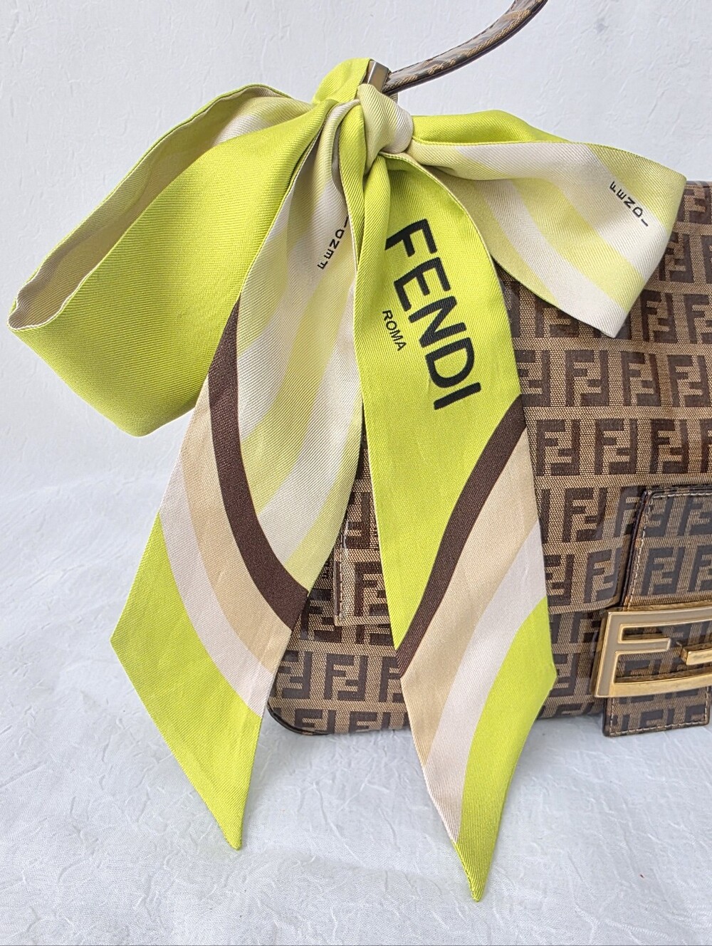 Auth Fendi Wrappy Green, Beige & Brown Silk Scarf